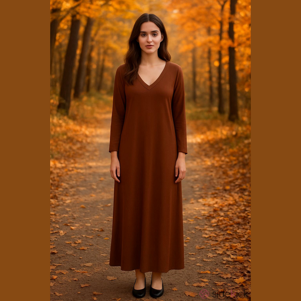 Women's Accent Brown Long Sleeve V-Neck Midi Dress, Size Unknown